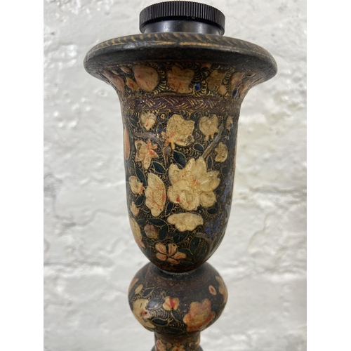 4 - An Indian Kashmiri hand painted and lacquered wooden barley twist candlestick table lamp - approx. 5... 