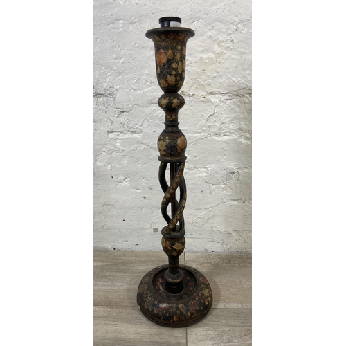 4 - An Indian Kashmiri hand painted and lacquered wooden barley twist candlestick table lamp - approx. 5... 