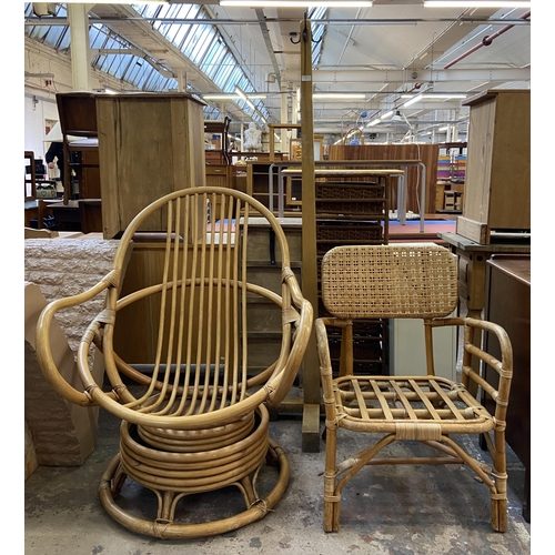 61 - Three pieces of furniture, one beech coat stand - approx. 168cm high, one wicker and cane armchair a... 