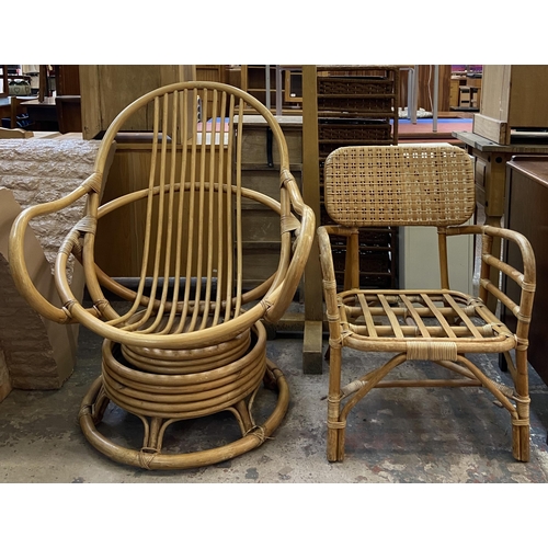 61 - Three pieces of furniture, one beech coat stand - approx. 168cm high, one wicker and cane armchair a... 