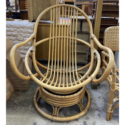 61 - Three pieces of furniture, one beech coat stand - approx. 168cm high, one wicker and cane armchair a... 