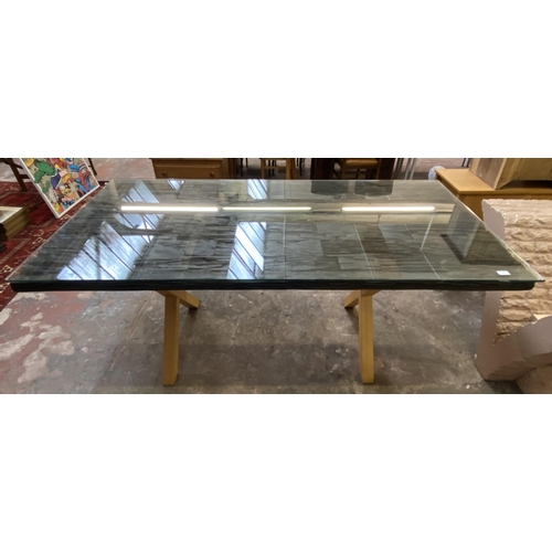 63 - Four pieces of furniture, one tempered glass rectangular dining table top, one ebonised hardwood rec... 