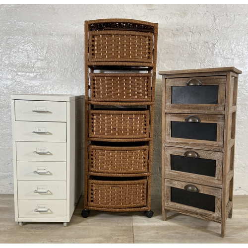 72 - Three pieces of furniture, one wood and black lacquer chest of drawers, one wicker chest of drawers ... 