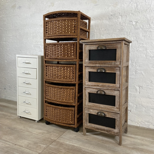 72 - Three pieces of furniture, one wood and black lacquer chest of drawers, one wicker chest of drawers ... 