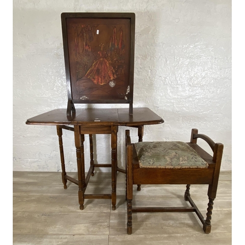 74 - Three pieces of early 20th century furniture, one oak framed hand painted leather fire screen, one o... 