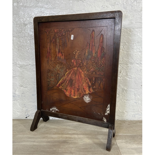 74 - Three pieces of early 20th century furniture, one oak framed hand painted leather fire screen, one o... 