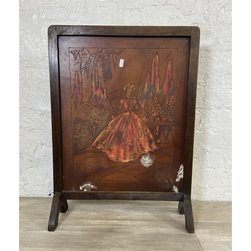 74 - Three pieces of early 20th century furniture, one oak framed hand painted leather fire screen, one o... 