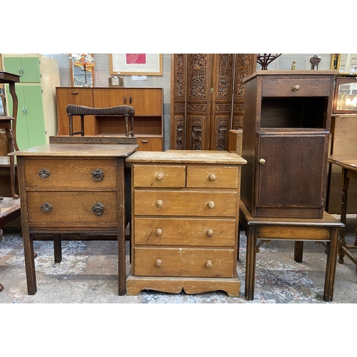 75 - Four pieces of furniture, one early 20th century carved oak chest of drawers, one pine chest of draw... 