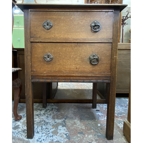 75 - Four pieces of furniture, one early 20th century carved oak chest of drawers, one pine chest of draw... 