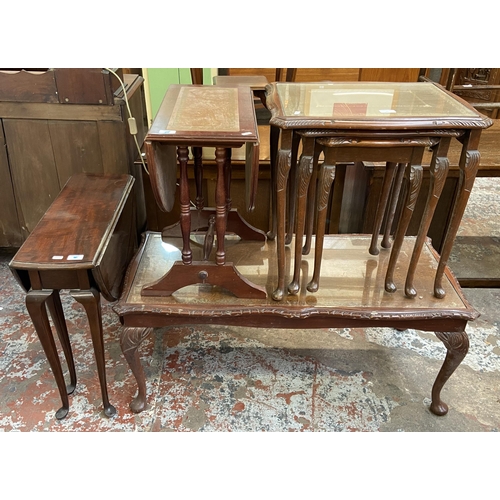 76 - Four pieces of mahogany furniture, one Georgian style drop leaf gate leg occasional table, one tan l... 