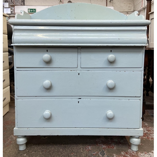 78 - A Victorian pale blue painted pine chest of drawers with galleried back - approx. 112cm high x 93cm ... 