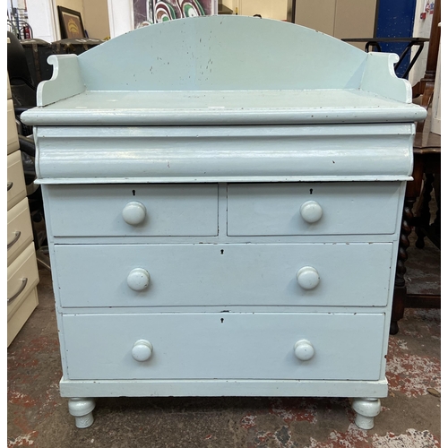 78 - A Victorian pale blue painted pine chest of drawers with galleried back - approx. 112cm high x 93cm ... 