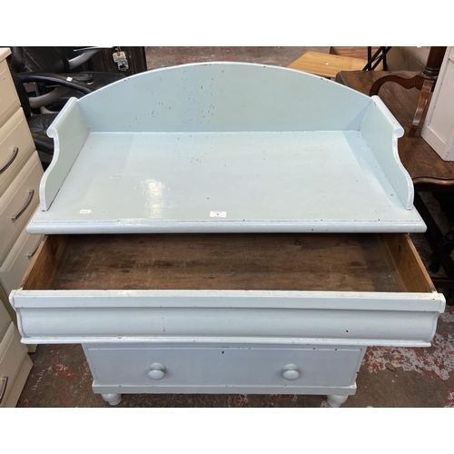 78 - A Victorian pale blue painted pine chest of drawers with galleried back - approx. 112cm high x 93cm ... 