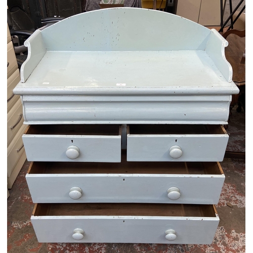 78 - A Victorian pale blue painted pine chest of drawers with galleried back - approx. 112cm high x 93cm ... 