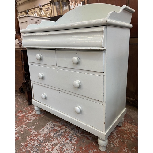 78 - A Victorian pale blue painted pine chest of drawers with galleried back - approx. 112cm high x 93cm ... 