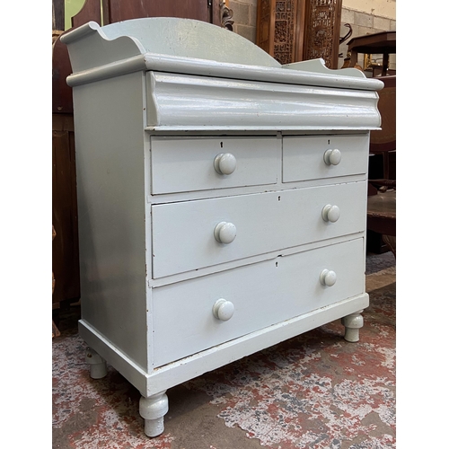 78 - A Victorian pale blue painted pine chest of drawers with galleried back - approx. 112cm high x 93cm ... 