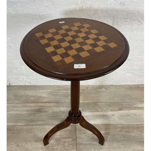 79 - A late 19th/early 20th century inlaid walnut and mahogany circular tripod pedestal chess table - app... 