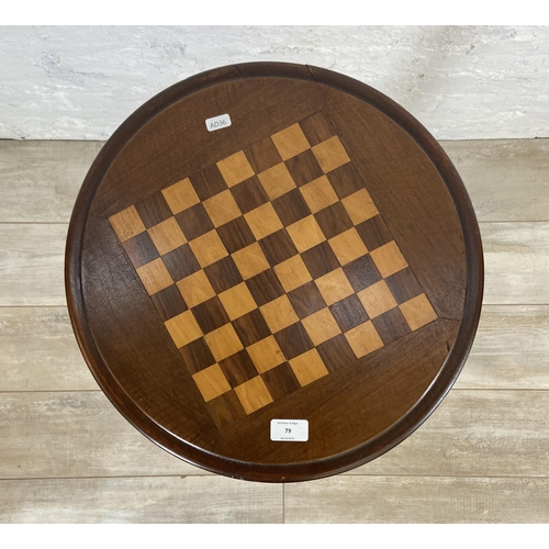 79 - A late 19th/early 20th century inlaid walnut and mahogany circular tripod pedestal chess table - app... 