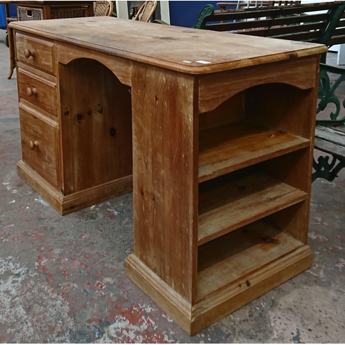 98A - A Victorian style pine three drawer pedestal desk - approx. 74cm high x 130cm wide x 52cm deep