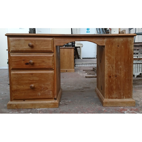 98A - A Victorian style pine three drawer pedestal desk - approx. 74cm high x 130cm wide x 52cm deep