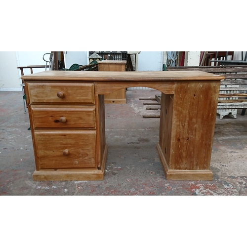 98A - A Victorian style pine three drawer pedestal desk - approx. 74cm high x 130cm wide x 52cm deep