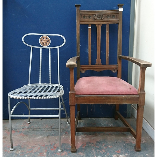 99 - Two chairs, one Edwardian carved mahogany and fabric upholstered armchair and one silver painted met... 