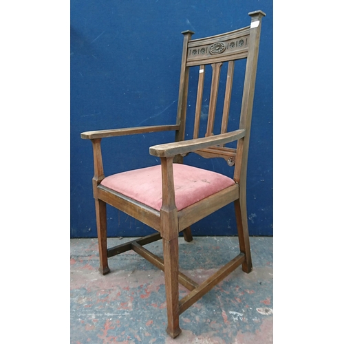 99 - Two chairs, one Edwardian carved mahogany and fabric upholstered armchair and one silver painted met... 