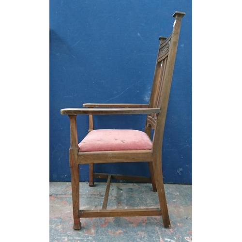 99 - Two chairs, one Edwardian carved mahogany and fabric upholstered armchair and one silver painted met... 