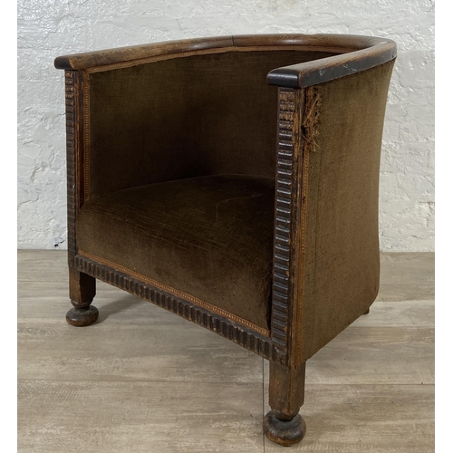 157 - An Edwardian carved oak and brown fabric upholstered tub chair - approx. 64cm high x 62cm wide x 57c... 