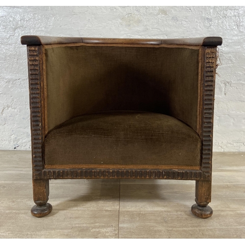 157 - An Edwardian carved oak and brown fabric upholstered tub chair - approx. 64cm high x 62cm wide x 57c... 