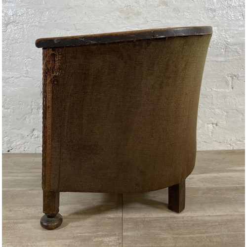 157 - An Edwardian carved oak and brown fabric upholstered tub chair - approx. 64cm high x 62cm wide x 57c... 