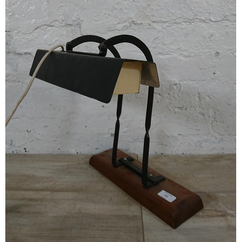 163 - A mid 20th century black painted desk lamp in mahogany plinth - approx. 39cm high x 35cm wide