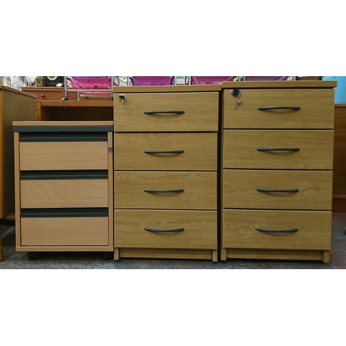 167 - Three office filing cabinets, two oak effect four drawer and one beech effect three drawer