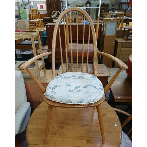 182 - Four pieces of furniture, three Ercol Windsor blonde elm dining chairs and one beech circular pedest... 