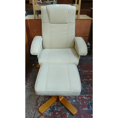 183 - A Stressless style cream leather and bentwood swivel reclining armchair