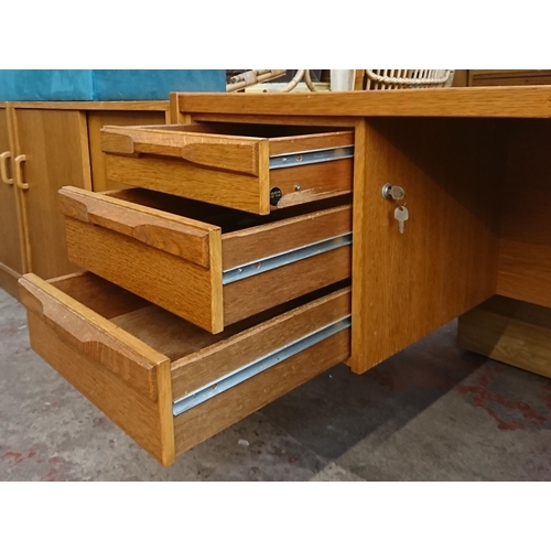 185 - A mid/late 20th century Danish Denka oak office desk - approx. 74cm high x 162cm wide x 76cm deep