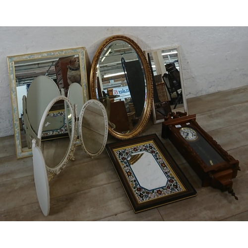 194 - Six items, one Highlands oak cased chiming wall clock with pendulum and key and five various mirrors