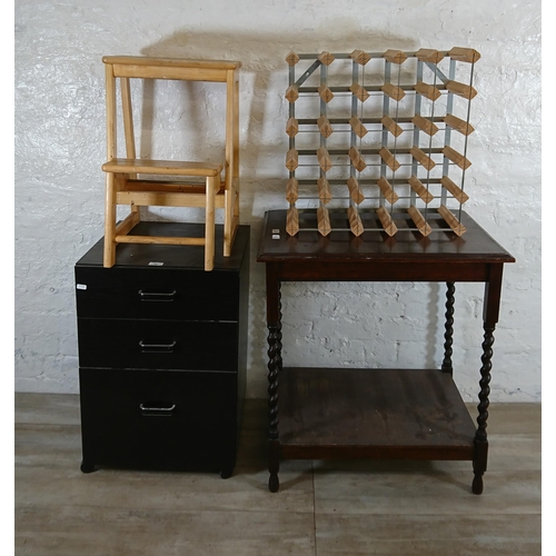 220 - Five pieces of furniture, one oak barley twist side table, one wood and metal bottle rack, one black... 