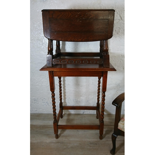 228 - Three pieces of early/mid 20th century furniture, one oak barley twist side table, one oak drop leaf... 