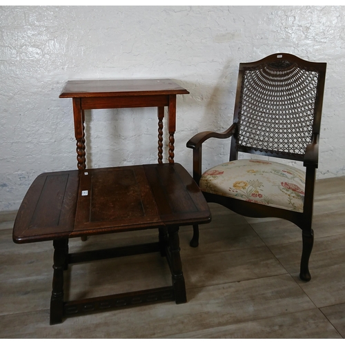 228 - Three pieces of early/mid 20th century furniture, one oak barley twist side table, one oak drop leaf... 