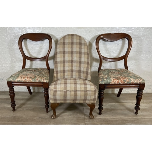 237 - Three chairs, two Victorian mahogany balloon back dining chairs and one tartan fabric upholstered be... 