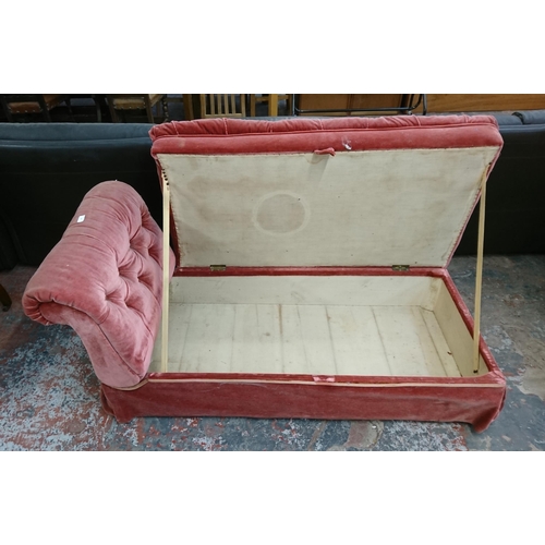 238 - An early 20th century pink buttoned fabric upholstered drop arm chaiselongue/ottoman - approx. 74cm ... 