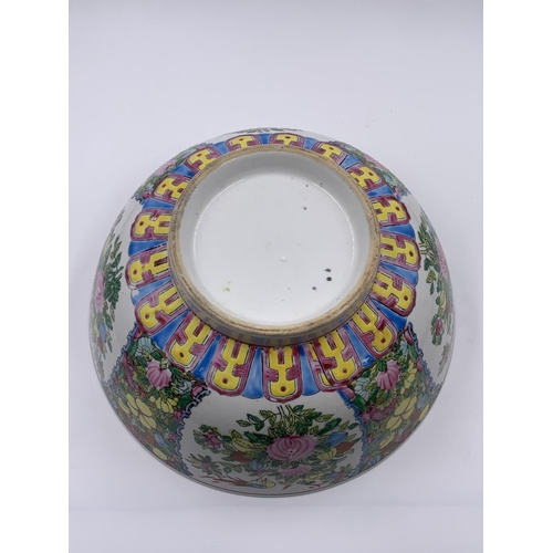 348 - A Chinese hand painted porcelain circular footed bowl decorated with fish - approx. 14cm high x 31cm... 