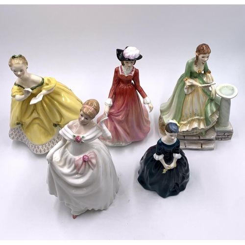 354 - Five ceramic figurines, two Elegance titled Edwina and Georgiana and three Royal Doulton, Cherie HN2... 