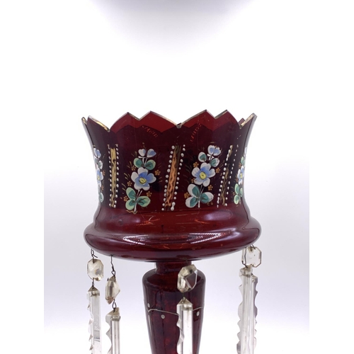 363 - A Victorian hand painted cranberry glass lustre vase with droplets - approx. 35cm high