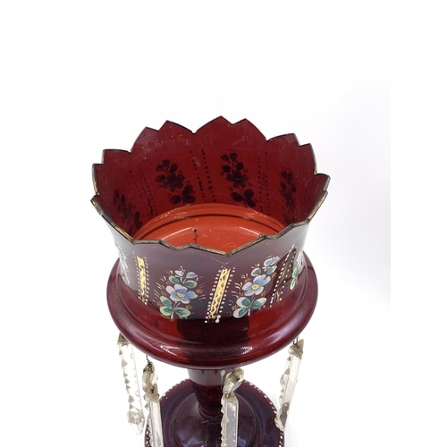 363 - A Victorian hand painted cranberry glass lustre vase with droplets - approx. 35cm high