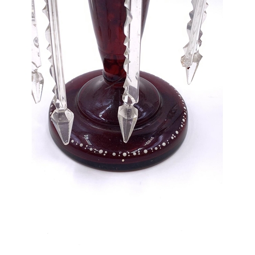 363 - A Victorian hand painted cranberry glass lustre vase with droplets - approx. 35cm high