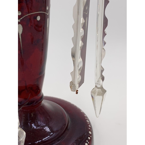 363 - A Victorian hand painted cranberry glass lustre vase with droplets - approx. 35cm high