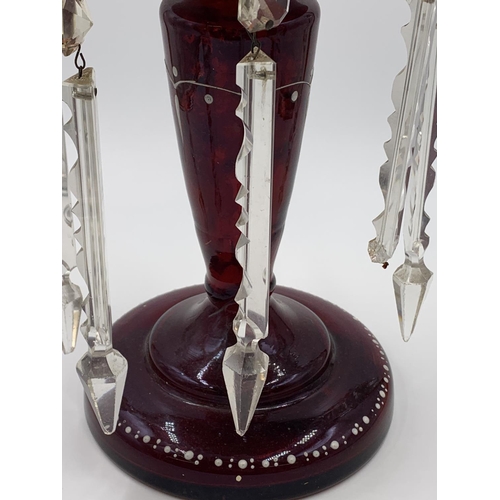 363 - A Victorian hand painted cranberry glass lustre vase with droplets - approx. 35cm high