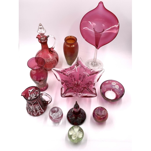 364 - Eleven pieces of glassware to include Victorian cranberry glass decanter, Royal Brierley vase etc.